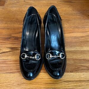 Gucci black patent horsebit loafer heels